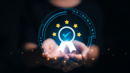 Business people show high quality assurance marks, good service, premium, five stars, premium...