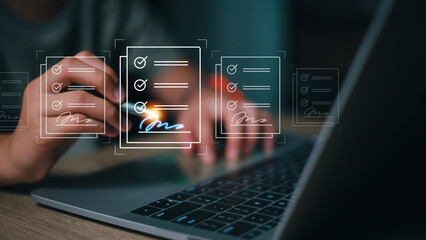 Online business contract Electronic signature, e-signing, digital document management, paperless office, signing business contract concept.