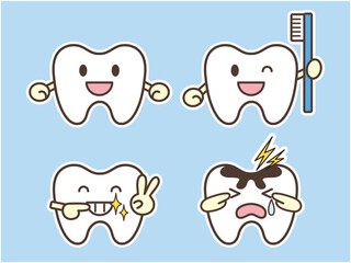 シンプルでかわいい歯のキャラクターの表情別イラストセット_白フチ付き