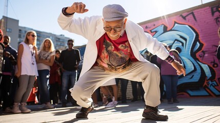 A Seasoned Groove: An Elderly Participant Shines in a Hip-Hop Dance-Off. Timeless Moves, Breaking Stereotypes with Graceful Rhythm. Embracing the Beat, Spreading Joy and Inspiring All Ages.