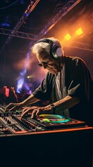 Obraz premium Timeless Grooves: A Senior DJ Moves the Crowd at a Vibrant Music Festival. Dancefloor Illuminated, Celebrating the Power of Music.