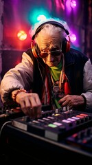 Timeless Grooves: A Senior DJ Moves the Crowd at a Vibrant Music Festival. Dancefloor Illuminated, Celebrating the Power of Music.