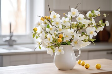 A Scandinavian-style spring bouquet is placed on a wooden table in the kitchen, creating a bright and vibrant atmosphere. The kitchen has a white wooden background, enhancing the freshness and beauty