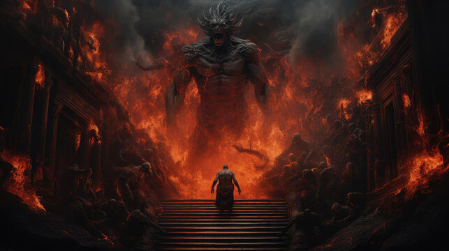 a man walking stairs to a giant red devil demon in the fire