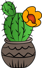 Cactus Growing in the Pot, Cactus in flat style on a white background. Home plants cactus in pots and with flowers. A decorative cactus with prickles and without.