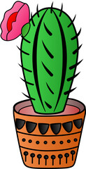 Cactus Growing in the Pot, Cactus in flat style on a white background. Home plants cactus in pots and with flowers. A decorative cactus with prickles and without.