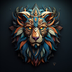 colorful lion head  on blacklit room, in the style of colorful layered forms and conceptual art pieces