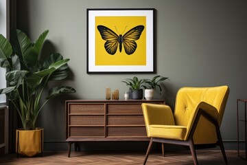 A sophisticated and simple living room design featuring a stylishly presented insect poster, placed within a wooden dresser. Complementing the aesthetic are a vibrant yellow armchair and a luscious