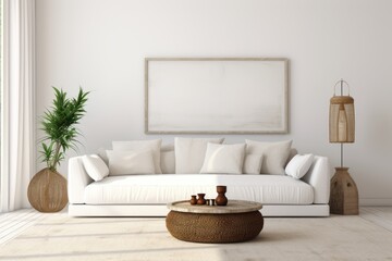 A white interior decor within a house featuring a sofa, table, lamp, and carpet.