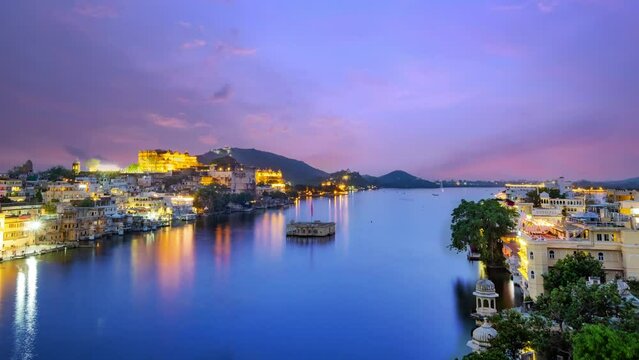 Time lapse of Udaipur, Rajasthan, India, a city with many beautiful buildings along the Pichola lake.