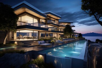 Fototapeta premium A stunning and lavish residence with a breath-taking view during the evening hours.