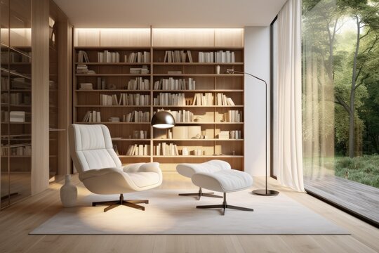 A modern and minimalist home library, beautifully adorned with an armchair, featuring a clean and sleek decor. Natural illumination streams through the window, adding a touch of brightness to the