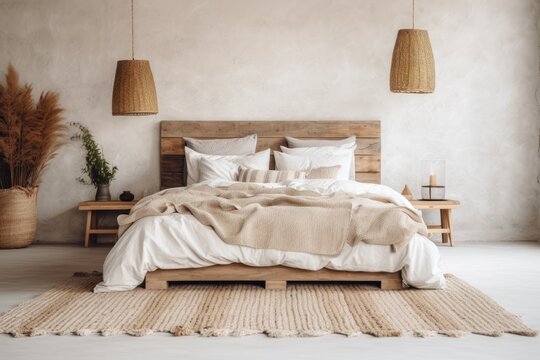 A rug made of woven jute with fringes rests neatly on the wooden floor in the bedroom. The photo showcases the concept of using jute carpets as a decorative and environmentally-friendly detail in home