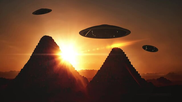 Flying saucers ufos silhouette over Pyramids at sunset
Large saucers crafts hovering above Pyramids at sunset, cinematic view, 2023

