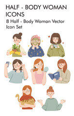 8 Element Half Body Woman Vector Icon Set 