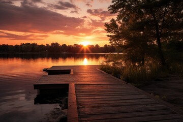 A platform adjacent to a lake in a park, offering incredible views of the sunset.