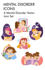 Fototapeta na wymiar 6 Element Mental Disorder Vector Icon Set