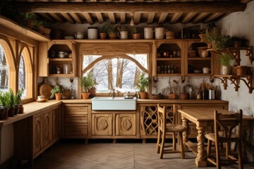 Fototapeta na wymiar a rustic kitchen made of wooden materials, inspired by a cozy cottage aesthetic