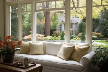 A seating area by the window that provides a pleasant view of the yard through spacious windows.