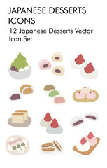 12 Element Japanese Desserts Vector Icon Set