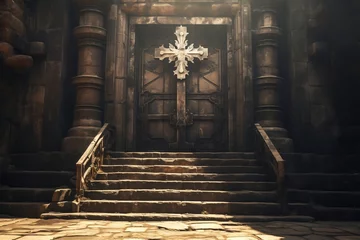 Foto op Plexiglas The Mystical Journey: Shadowy Crucifix and Rustic Door in Ancient Pathway © Ash