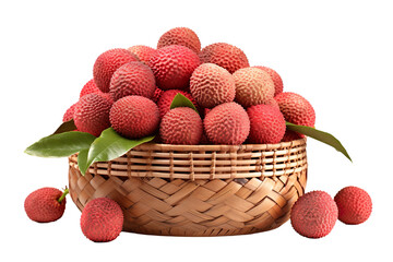 A realistic portrait of lychee in a basket, isolated PNG
