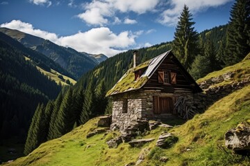 Obraz premium A small dwelling without connection to public utilities, located in the mountains.