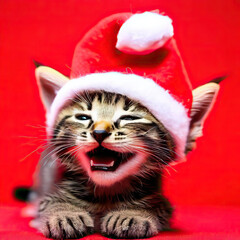 Whimsical Baby Cat Wearing Christmas Hat, Red Background Scene, Generative AI