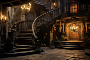 Obraz premium Glowing oak doorway at the top of a medieval tower stair