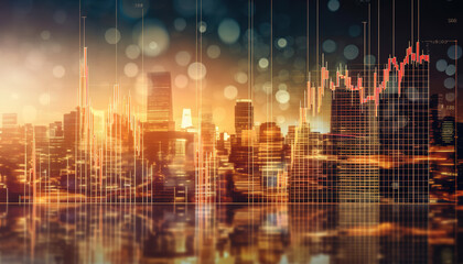 Double exposure of stock market graph and cityscape. Business and financial concept. created with generative AI technology.