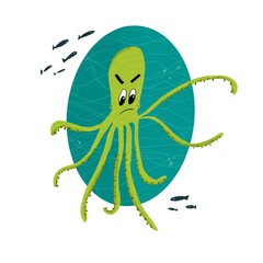 An illustration of a funny cute green octopus a little angry