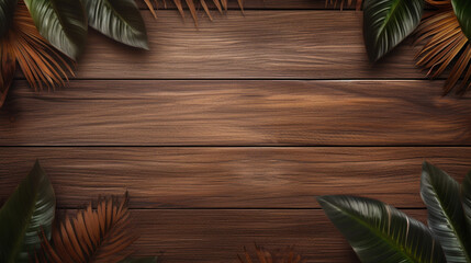 Wooden brown table background with green tropical leaves. Copy space. Organic backdrop. Generative AI