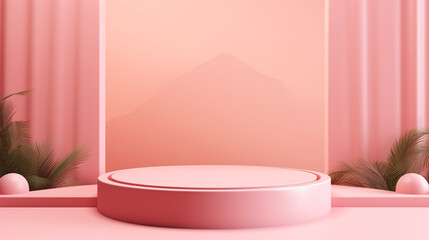 Pink podium or stage for product presentation. Background with mountains. Copy space. Generative AI