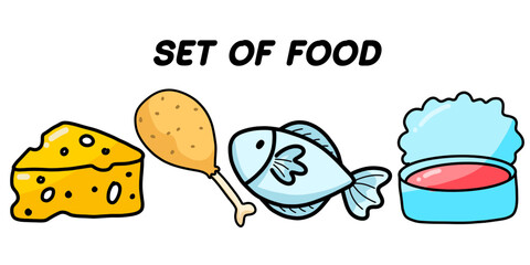 Set of Doodle Food. Collection of Food isolated on white background.