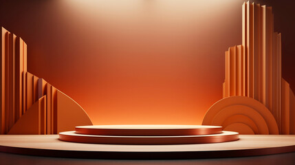 Podium or stage for product presentation on gold orange wall background. Copy space. Generative AI
