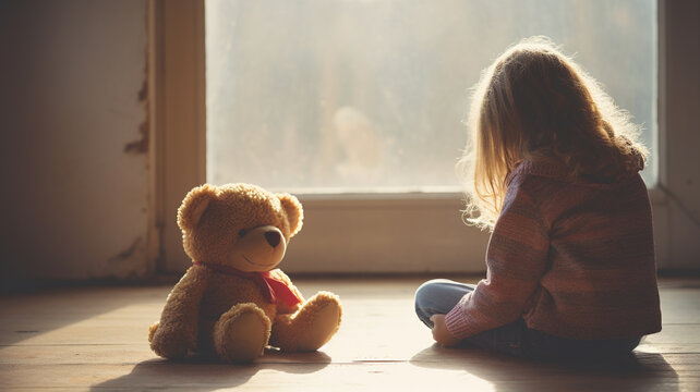 Naklejka Unhappy cute little girl sitting with a teddy bear.Stressed , sad and unhappy child.