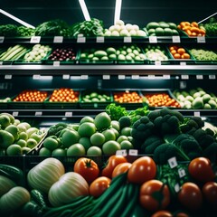 Fresh fruits and vegetables on supermarket, healthy and organic. Generative AI.