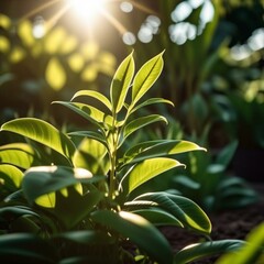 Beautiful plant growing in the garden with sunlight. Generative AI.
