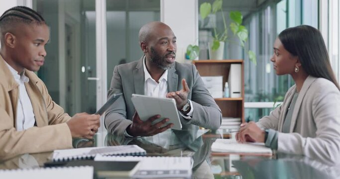 Tablet, group of business people with boss and pitch feedback for project management workshop. Teamwork, meeting and team with ceo, online report and brainstorming together on proposal in Africa.