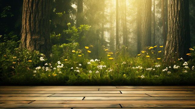 Wooden podium or stage for product presentation. Banner with wood floor on forest background. Copy space. Generative AI