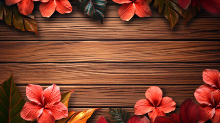 Wooden brown table background with green tropical leaves and red flowers. Copy space.  Organic backdrop. Generative AI