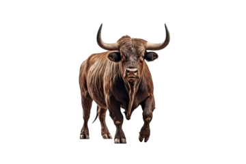 Strongest dark brown bull with muscles and long horns portrait looking at camera isolated on clear png background, Animals Fighter concept, with Generative Ai.