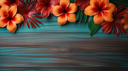 Wooden brown background with tropical leaves and flowers. Copy space. Natural organic backdrop. Vacation concept. Generative AI