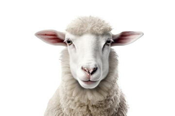 White fluffy sheep farm portrait looking at camera isolated on clear png background, funny moment,...