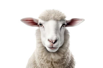 White fluffy sheep farm portrait looking at camera isolated on clear png background, funny moment, Farmland animals concept, with Generative Ai.