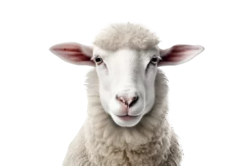 Fotobehang White fluffy sheep farm portrait looking at camera isolated on clear png background, funny moment, Farmland animals concept, with Generative Ai. © TANATPON