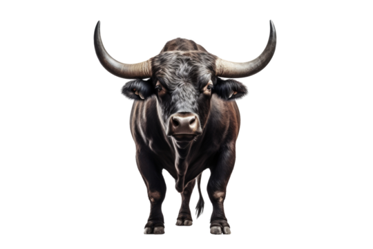 Strongest dark brown bull with muscles and long horns portrait looking at camera isolated on clear png background, Animals Fighter concept, with Generative Ai.