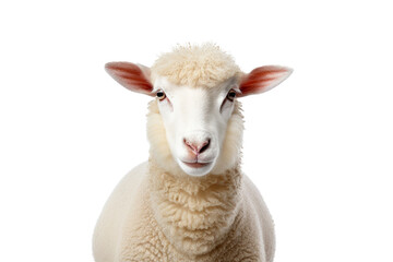 White fluffy sheep farm portrait looking at camera isolated on clear png background, funny moment,...