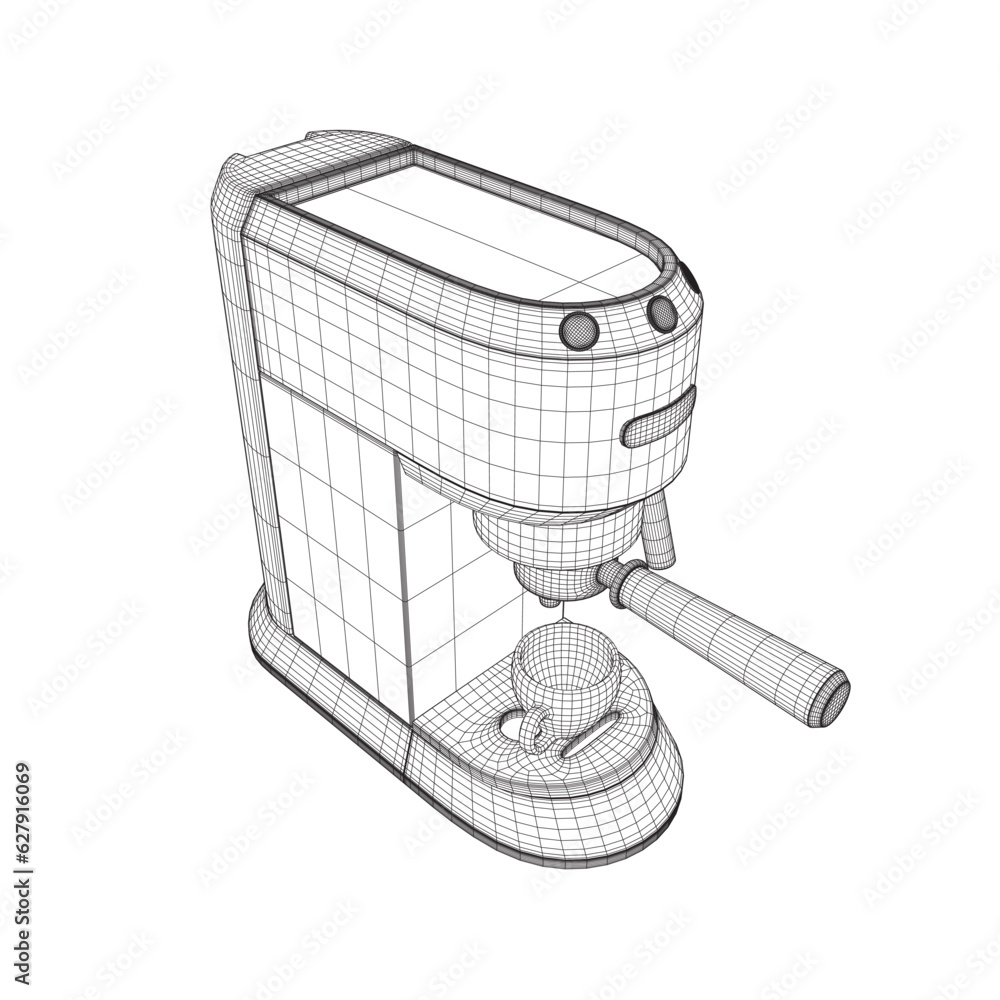 Poster coffee maker machine with coffee cup wireframe flat design. wireframe espresso machine flat design c