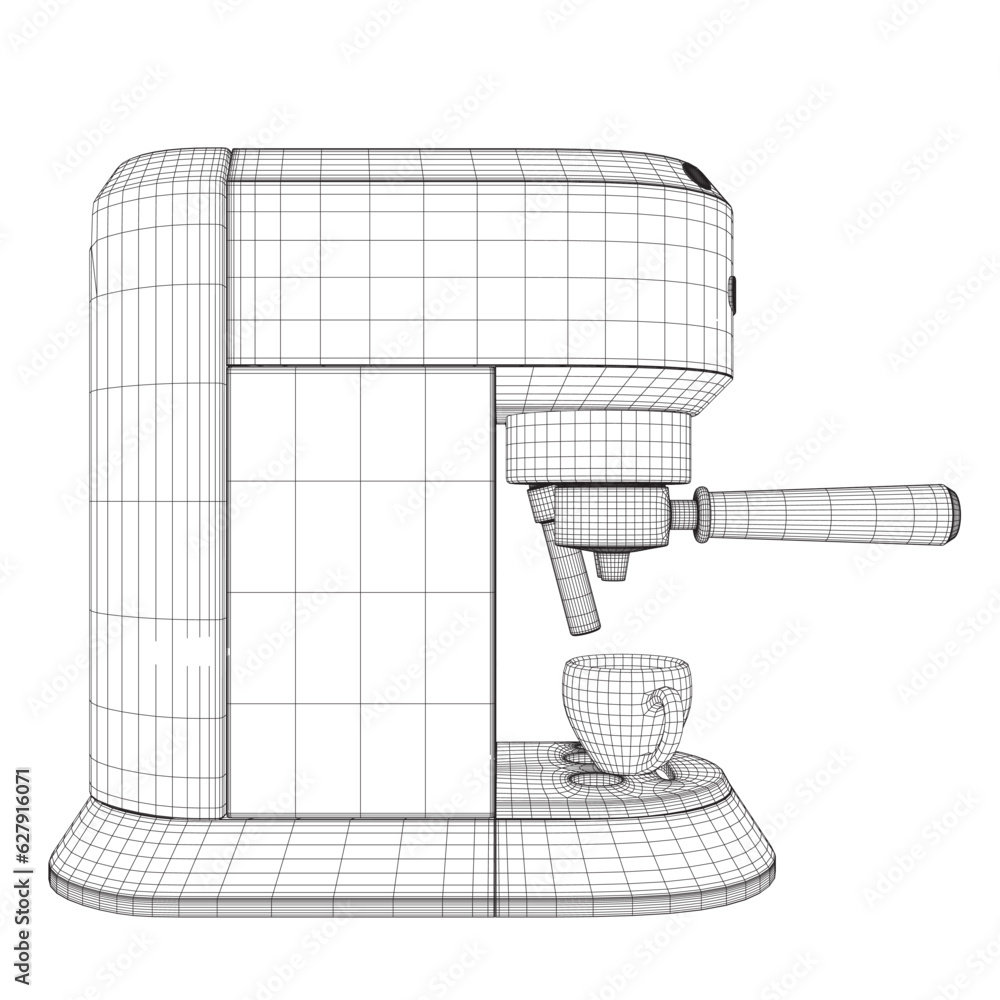 Poster coffee maker machine with coffee cup wireframe flat design. wireframe espresso machine flat design c